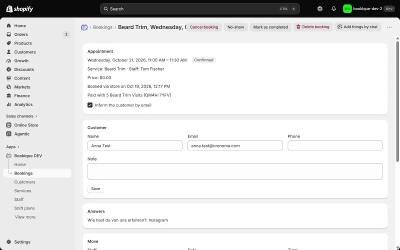 Booking detail with customer, emails and actions