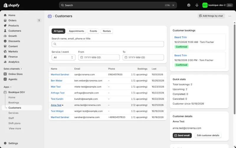 Customer detail with bookings, stats and email history