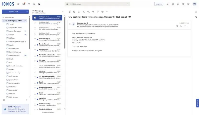 Notice of a new booking to the shop