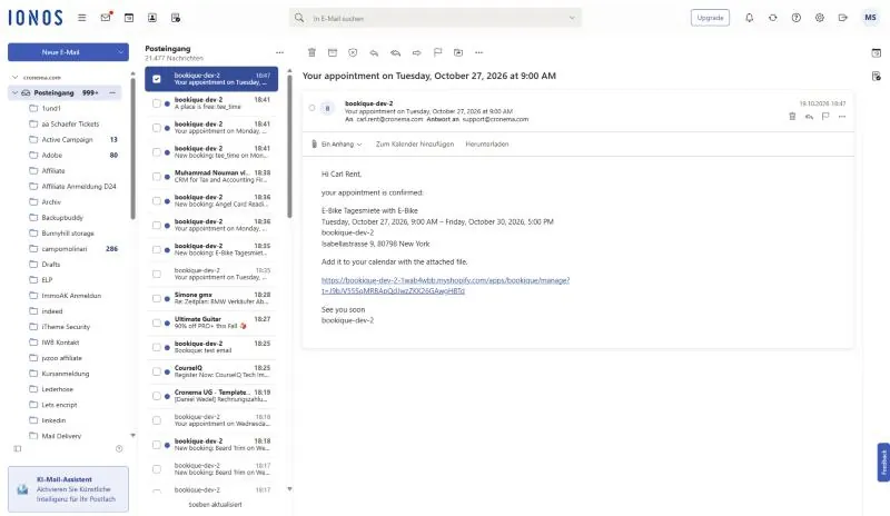 Rental confirmation email