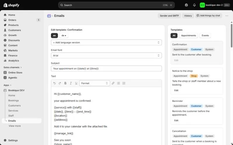 Template editor with placeholders and preview
