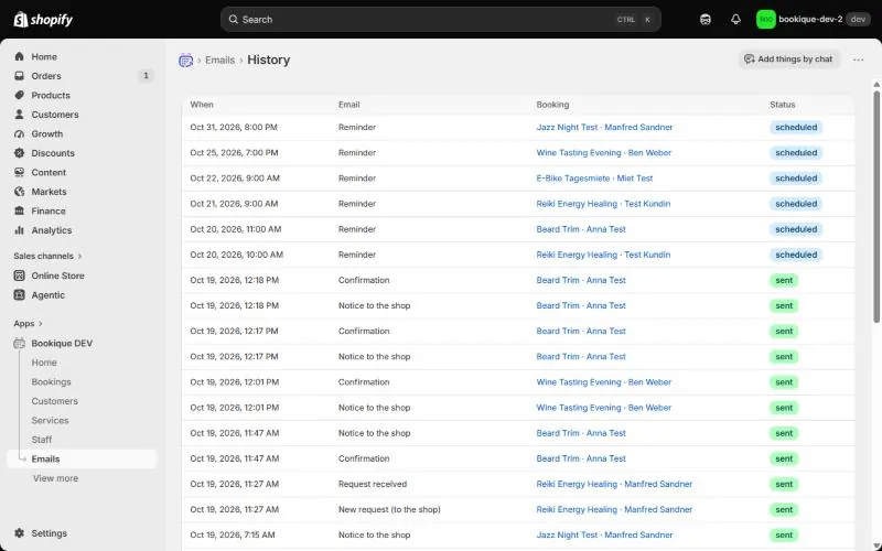 Email history with status