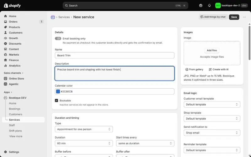 Name, description and the option email booking only