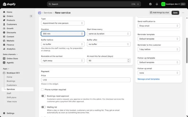 Duration, start times, buffers, lead time and payment