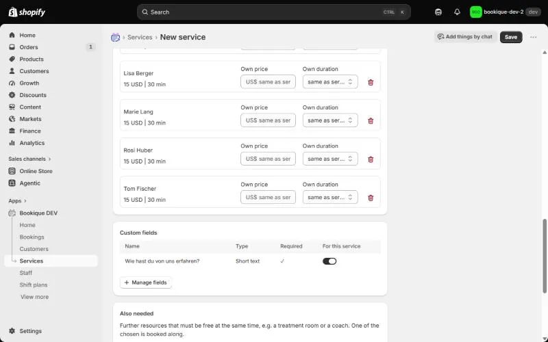 Staff with own price and duration, and custom fields for the service