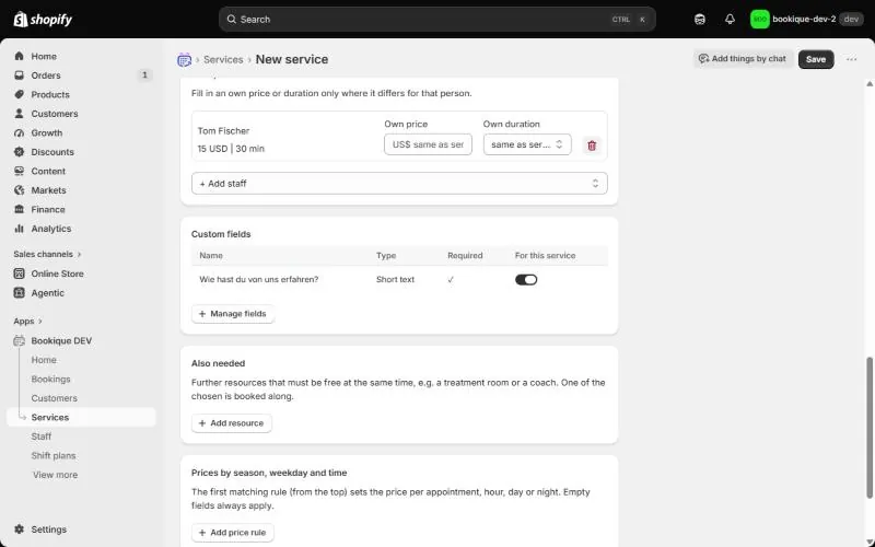 Additional resources and price rules for a service