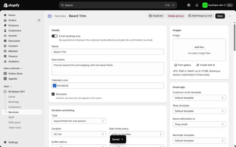 Saved service with Shopify product and free times of the next 7 days