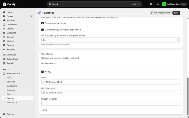 Changes by customers and closed days