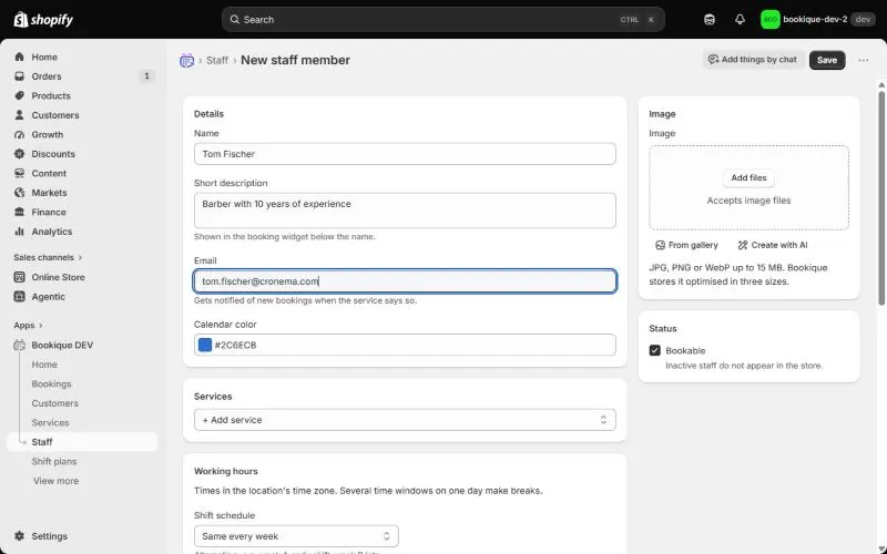 Form for a new staff member with name, description, email and colour