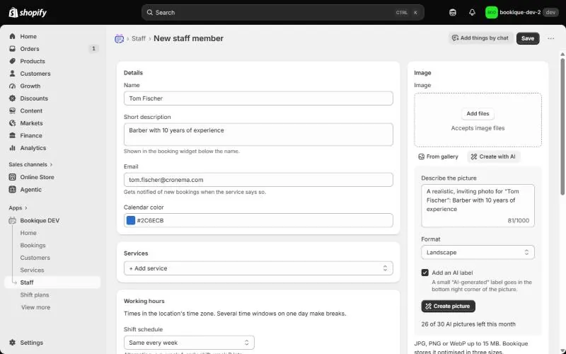 Dialog to create a staff picture with AI