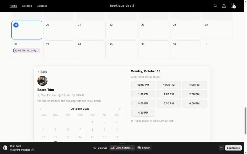 Month calendar and free times of the day