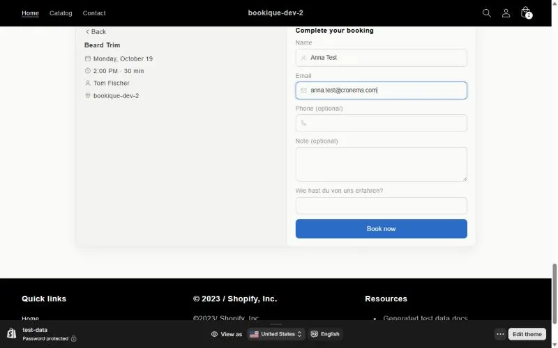 Booking form with name, email and phone