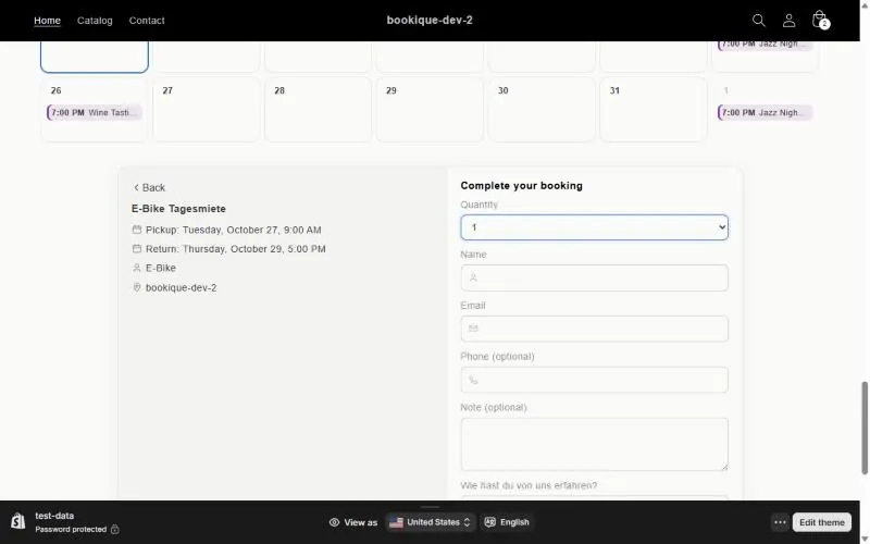 Booking form of a rental