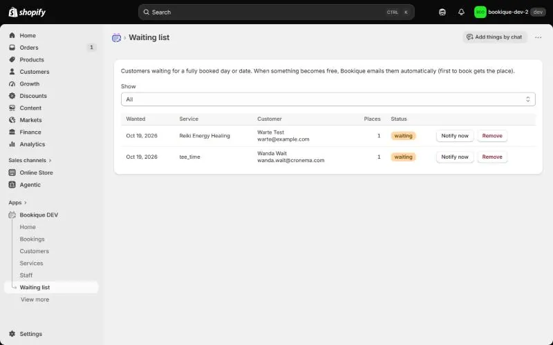 Waiting list in the admin with status