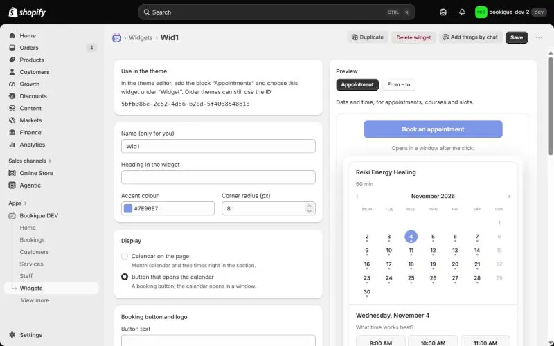 Widget editor with colour, display and preview
