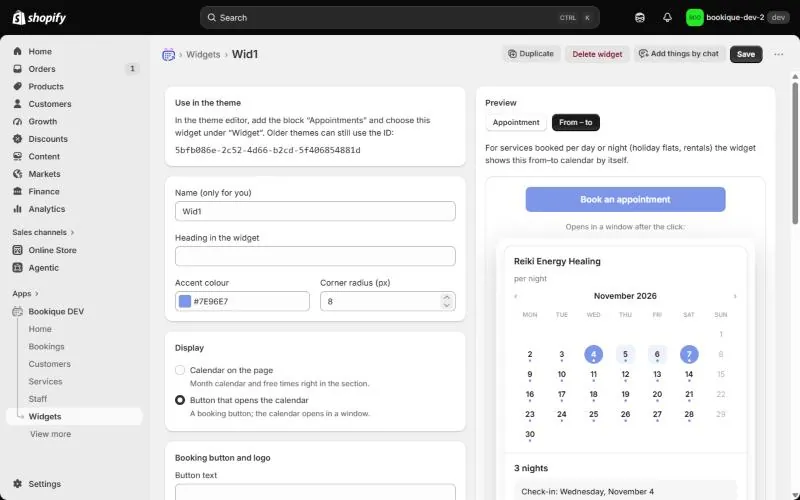 Preview of the from–to calendar for rentals